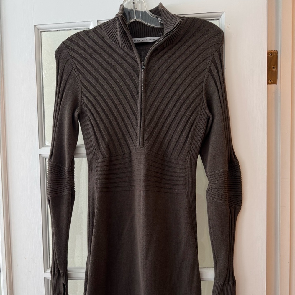 Athleta Taupe Ribbed Zip Sweater